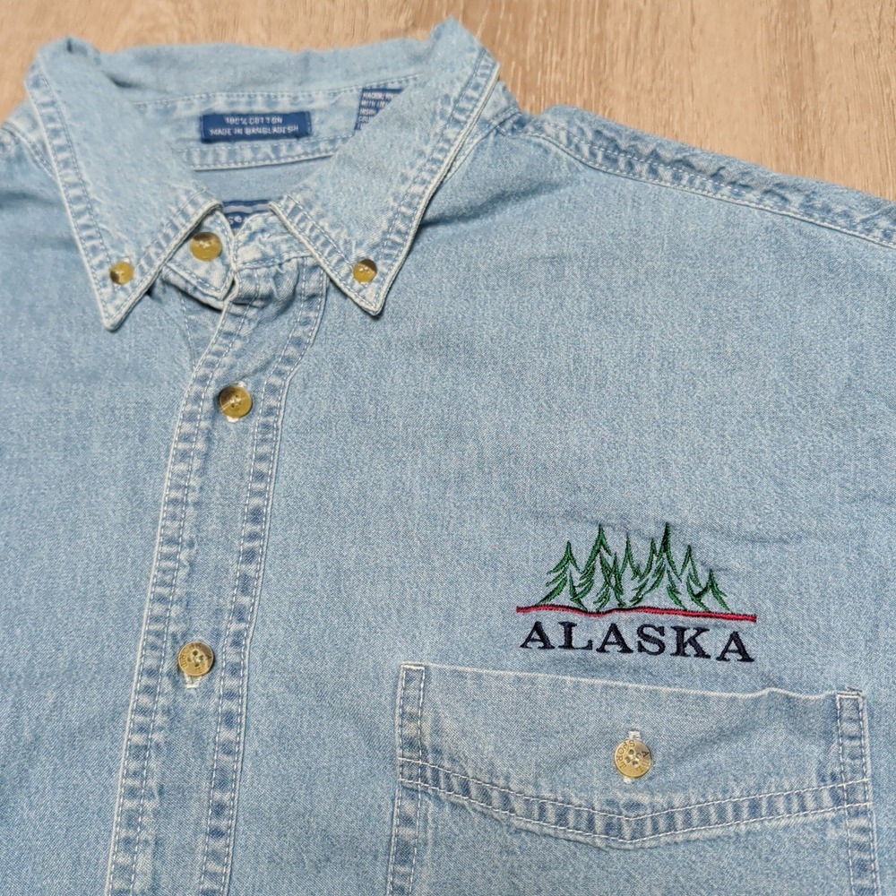 Vintage All Sport Denim Shirt Mens L Fits‎ XL Chambray Alaska Embroidered Cotton - Picture 2 of 6